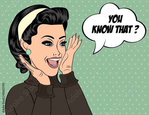 pop art cute retro woman in comics style with message