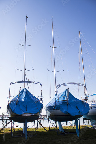 sailboats stored in a marina