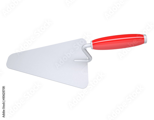 Metal trowel with red handle. Isolated
