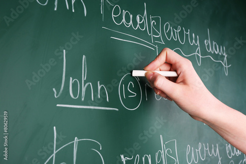 Teacher hand writing grammar sentences on blackboard background photo