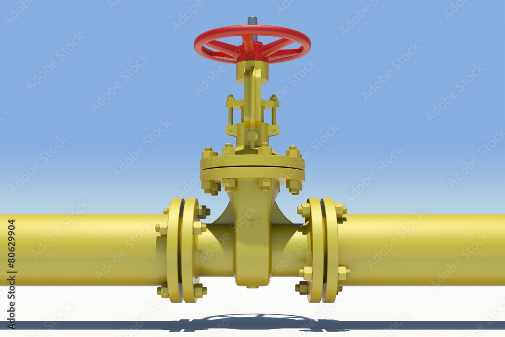 Yellow industrial valves and pipe with shadow