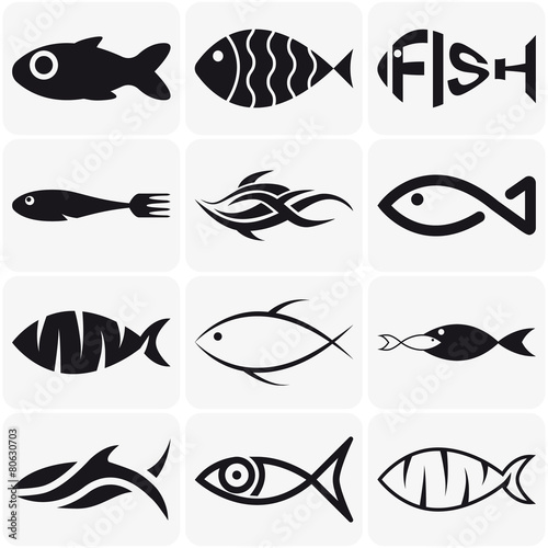 Set of creative black fish icons on white background