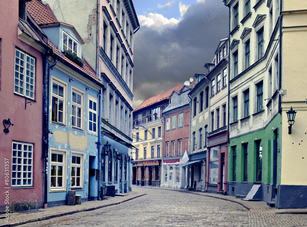 Medieval street in old Riga city, Latvia, Europe