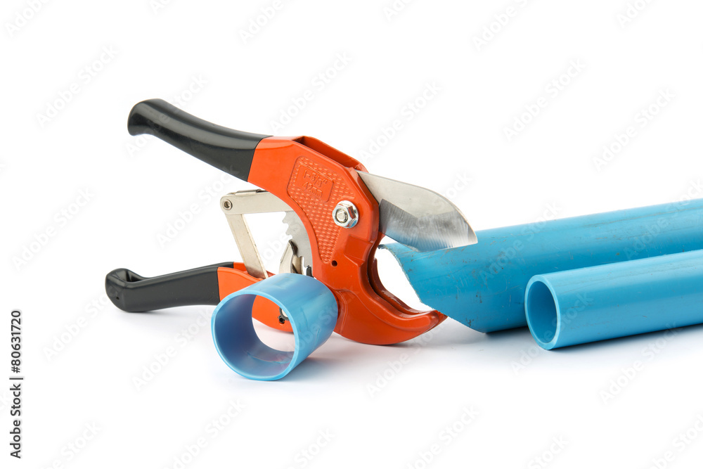 Tools for cutting pvc pipe isolated on white background Tools for cutting pvc pipe isolated on white background