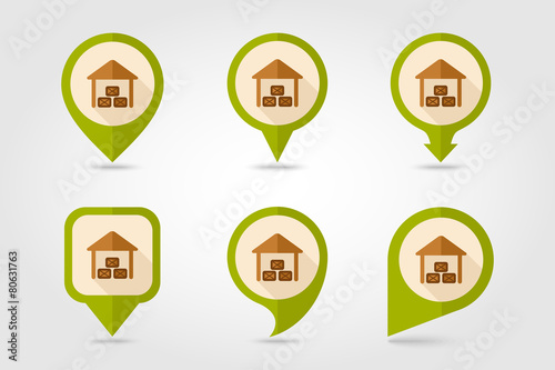 Shed flat mapping pin icon with long shadow