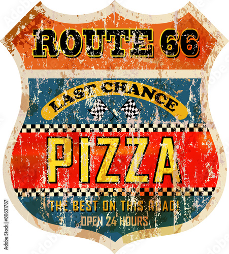 grungy, nostalgic route 66 pizza diner sign, vector illustration