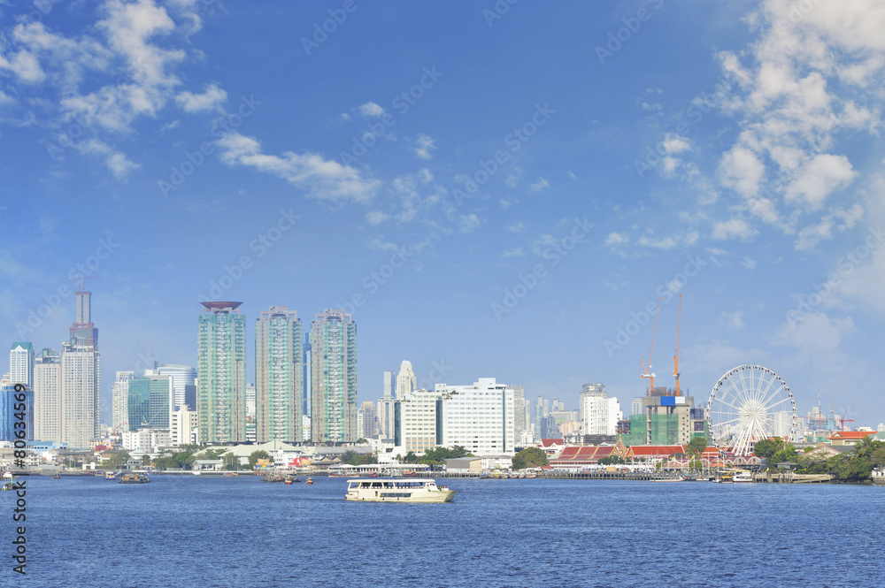 Business district cityscape with blue sky, Bangkok