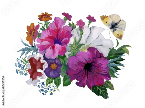 Watercolor flowers bouquet and butterfly