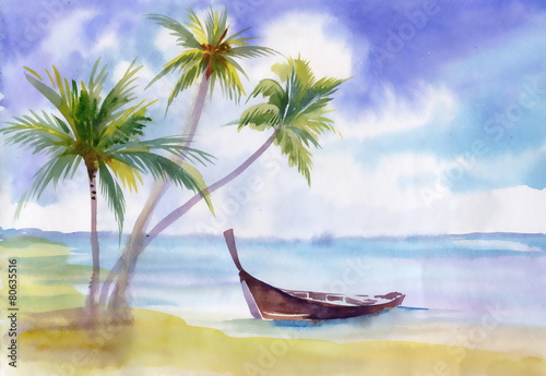 Boat on the beach and palm trees © kostanproff