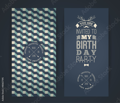 Happy birthday invitation, vintage retro background with geometr
