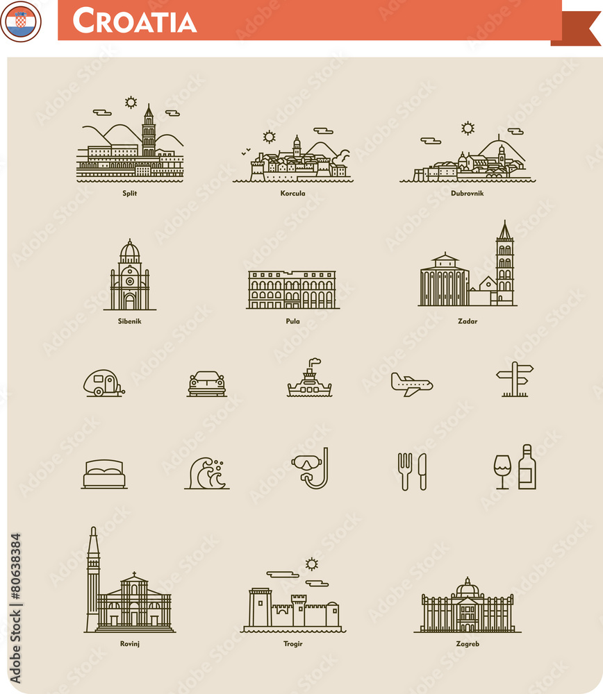 Fototapeta premium Croatia travel icon set