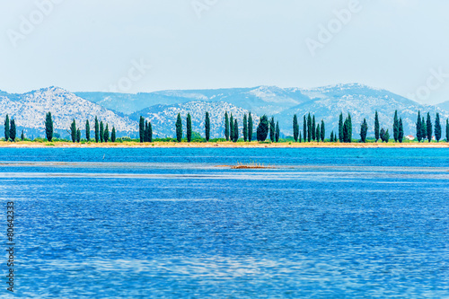 A peaceful scene from Croatian coast on the Adriatic Sea with pi