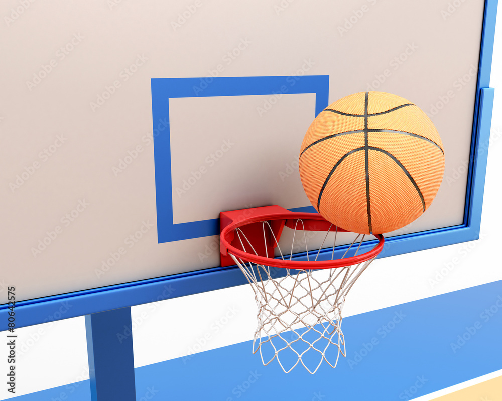 Basketball ball on the ring close-up