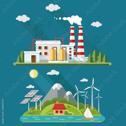 Urban and village landscape set. Ecology, environmental protecti