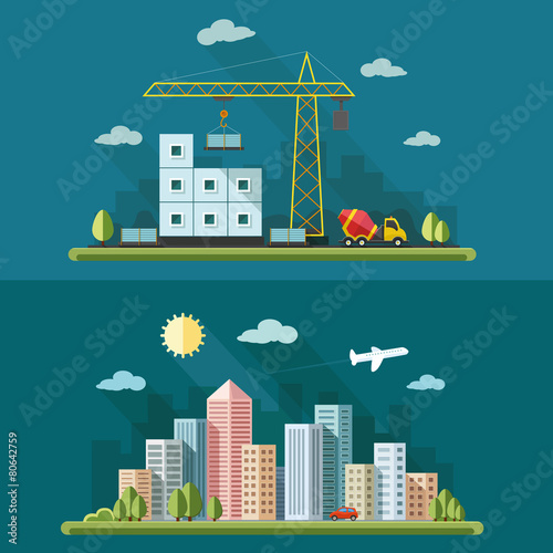 urban landscape illustration set. big city, Construction site, b