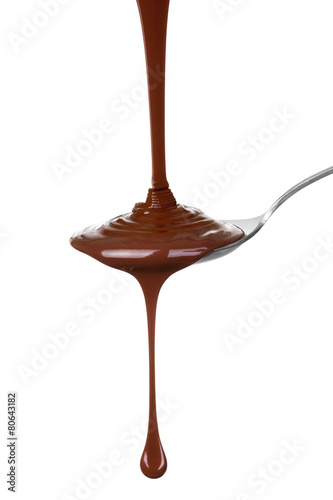 Melted chocolate poured into a spoon.