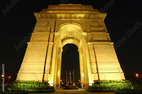 India Gate with lights at night, New Delhi, India