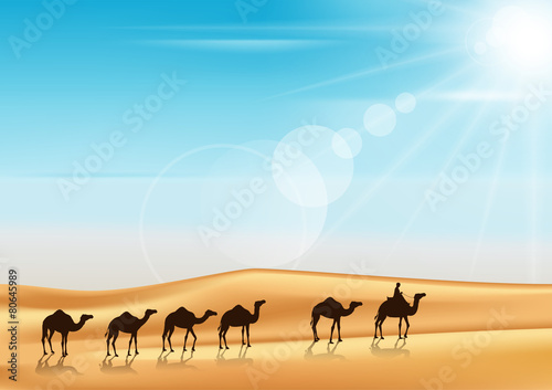 Group of Camels Caravan Riding in Realistic Wide Desert Sands