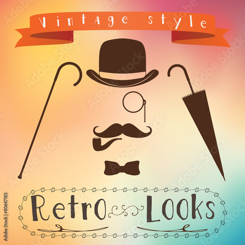 Retro gentleman elements set - bowler, moustache, pipe monocle