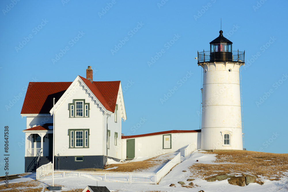 Cape Neddick Lighthouse (Nubble Lighthouse) in winter, Maine