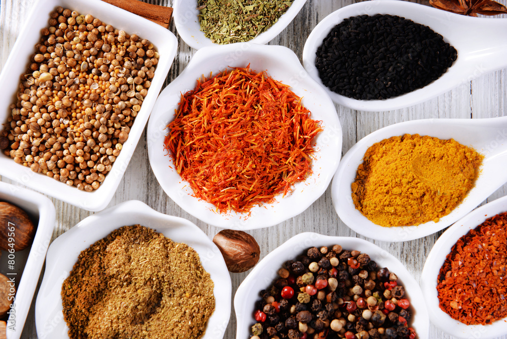 Different kinds of spices in ceramics spoons, close-up, Different kinds of spices in ceramics spoons, close-up,