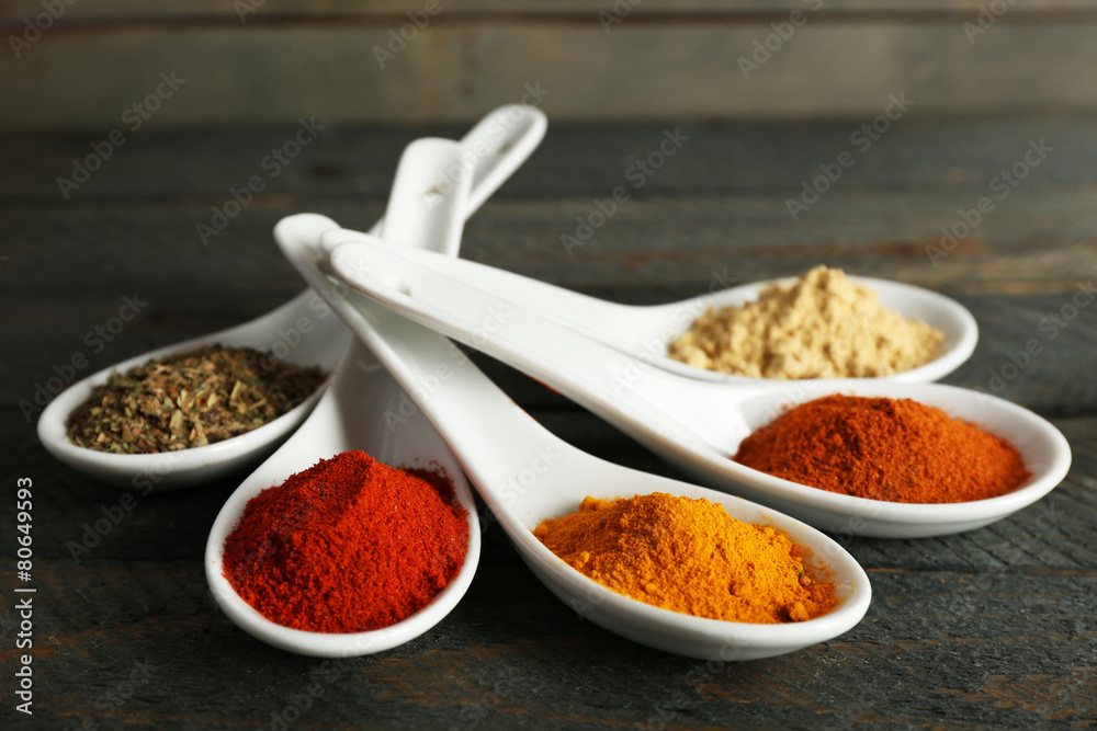 Different kinds of spices in spoons on wooden background Different kinds of spices in spoons on wooden background