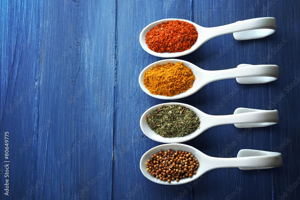Different kinds of spices in ceramics spoons, close-up, Different kinds of spices in ceramics spoons, close-up,