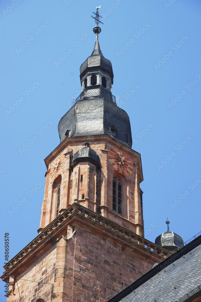 Clock tower and spire of Cathedral of Holy Spirit in Heidelberg