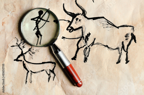 Принти на полотні Rock paintings with magnifier on paper close up