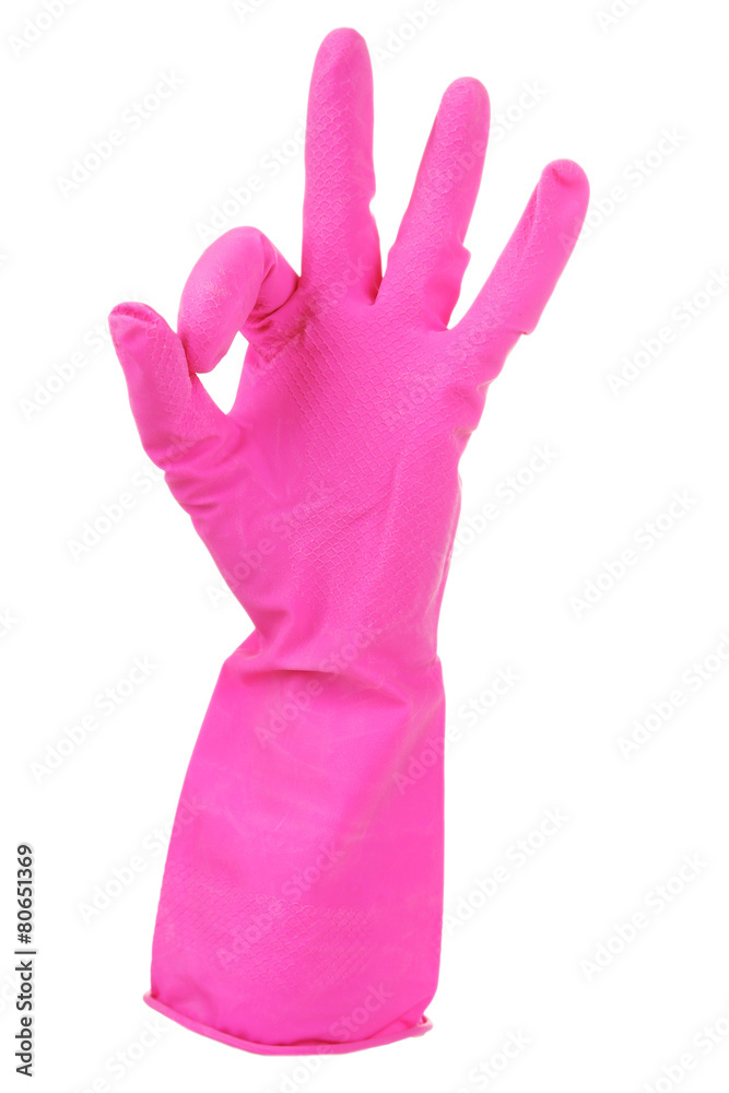Rubber glove on hand, isolated on white Rubber glove on hand, isolated on white