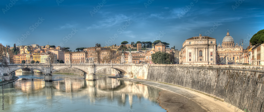 Panorama of Rome, Bridge on the River Tiber to the basilica of S