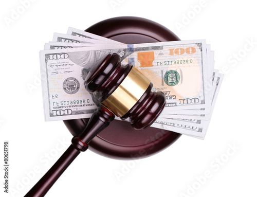 judge gavel and money isolated on white background.