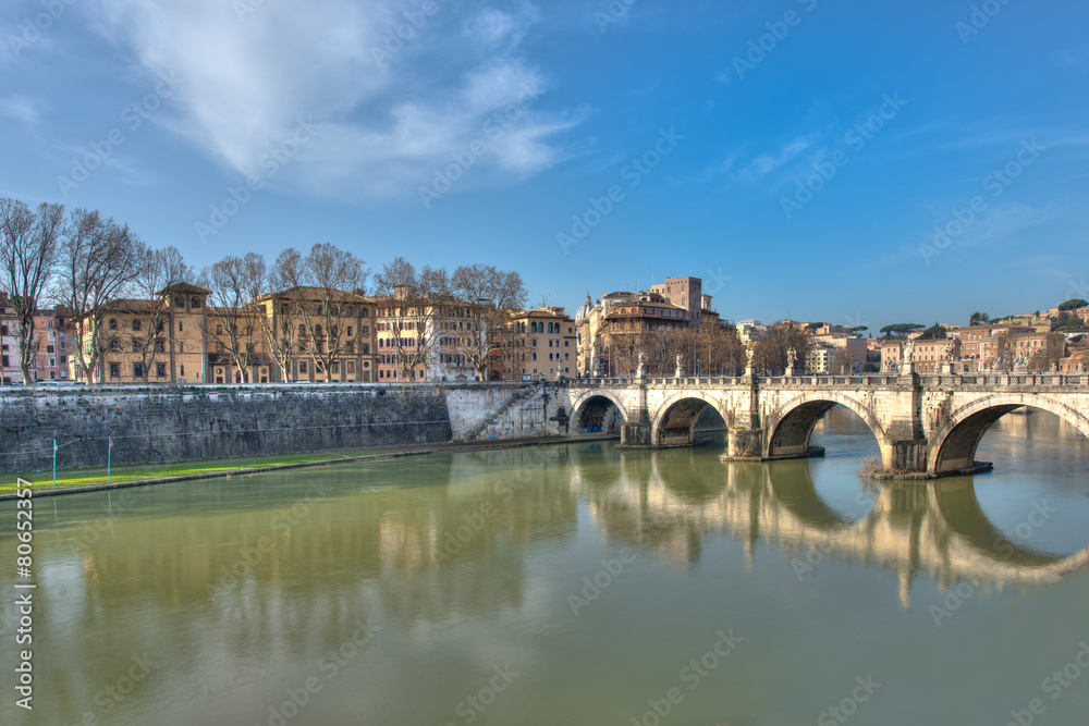 View of Rome with the bridge over the Tiber river