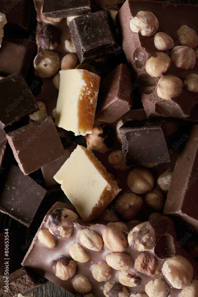 Set of chocolate with hazelnut, closeup