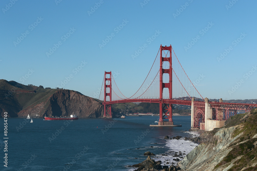 Cargo ship passing Golden Gate bridge