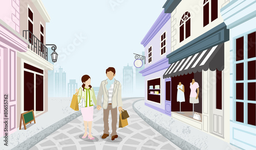 Shopping couple in Old fashioned town