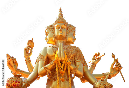 Golden statue of Brahma isolated on white background,