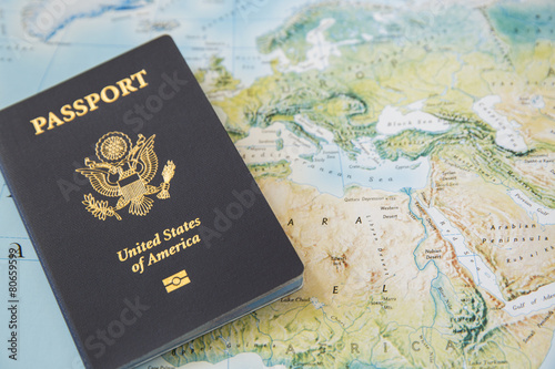 US Passport on the world map photo