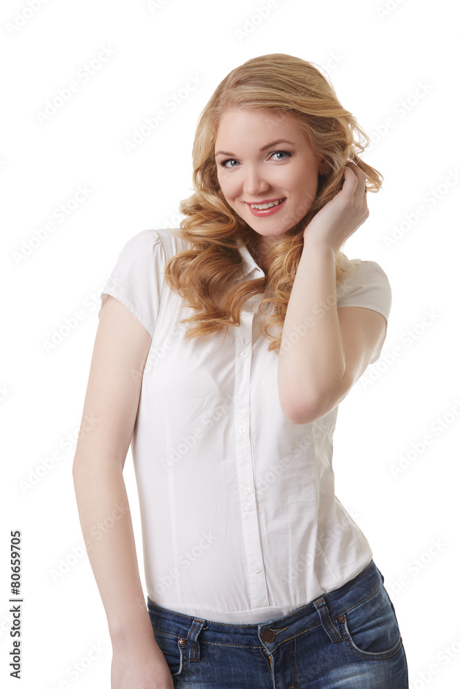 Smiling model in casual clothes, isolated on white Smiling model in casual clothes, isolated on white