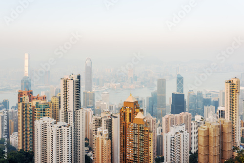 View of skyscrapers in business center of Hong Kong and high hou