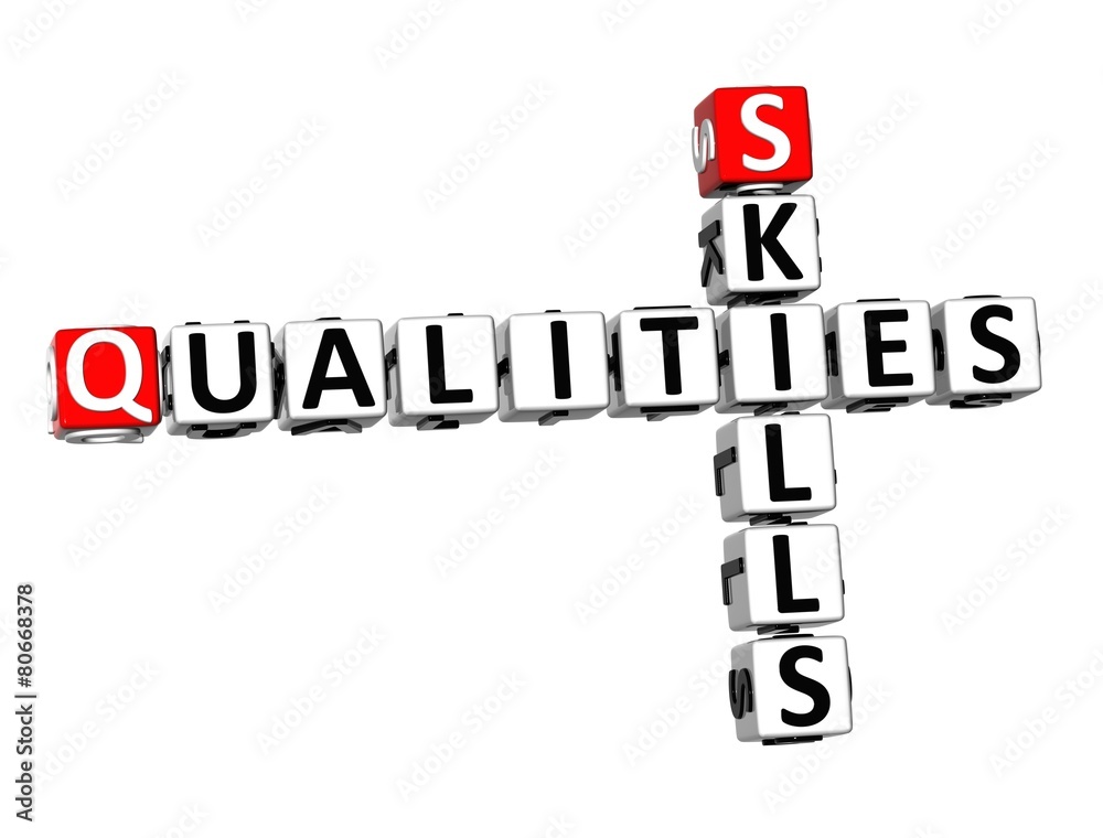 3D Crossword Qualities Skills on white background 3D Crossword Qualities Skills on white background