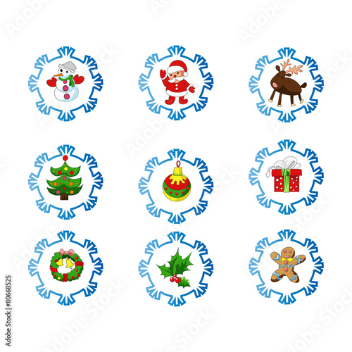 Vector set of christmas icons in cartoon style. Happy new year