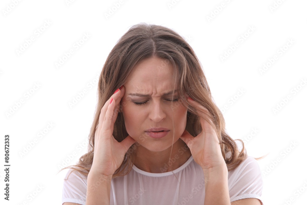 woman with migraine headache (white background) woman with migraine headache (white background)