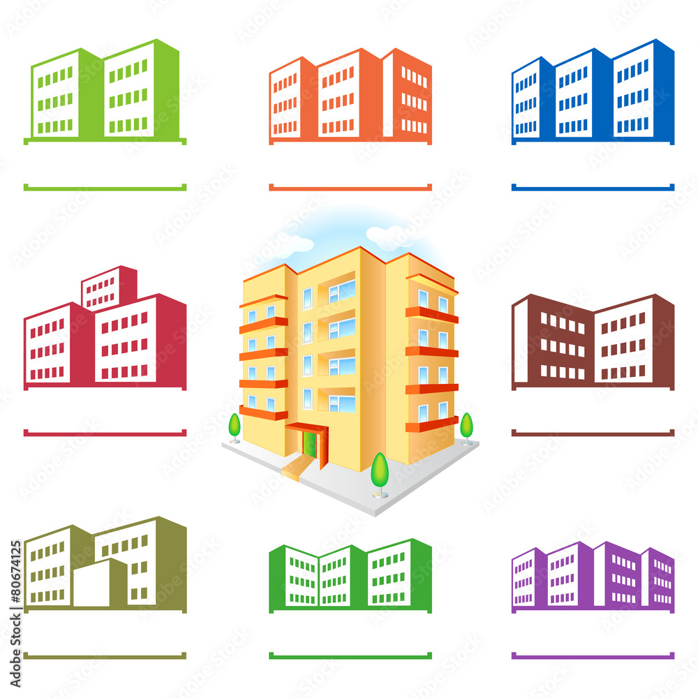 Fototapeta premium Multistoried building site icons logo set