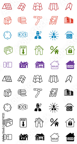 Sale buildings materials (roof, facade) site icons set