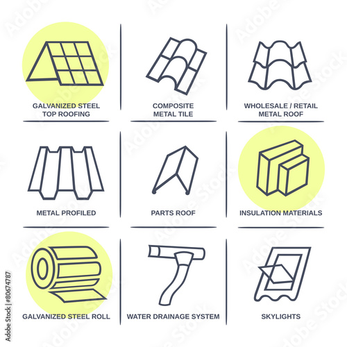 Sale buildings materials (roof, facade) site icons infographics