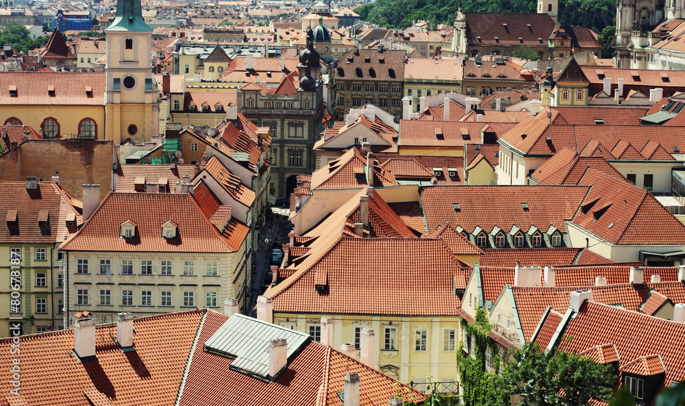 Houses with traditional red roofs in Prague