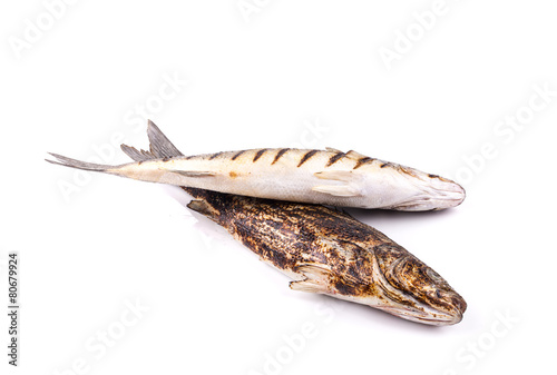 Two grilled fish on white.