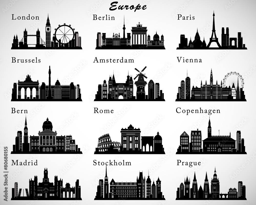 Obraz premium Zestaw sylwetki na tle nieba miast europejskich. Sylwetki wektorowe