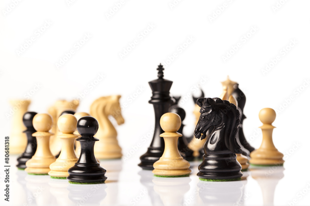 black and white chess pieces isolated on white background